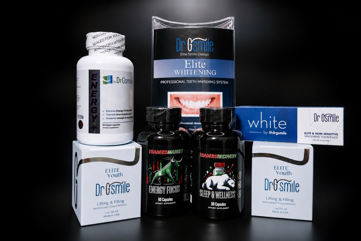 DrGSmile product line — whitening kit, toothpaste and wellness supplements